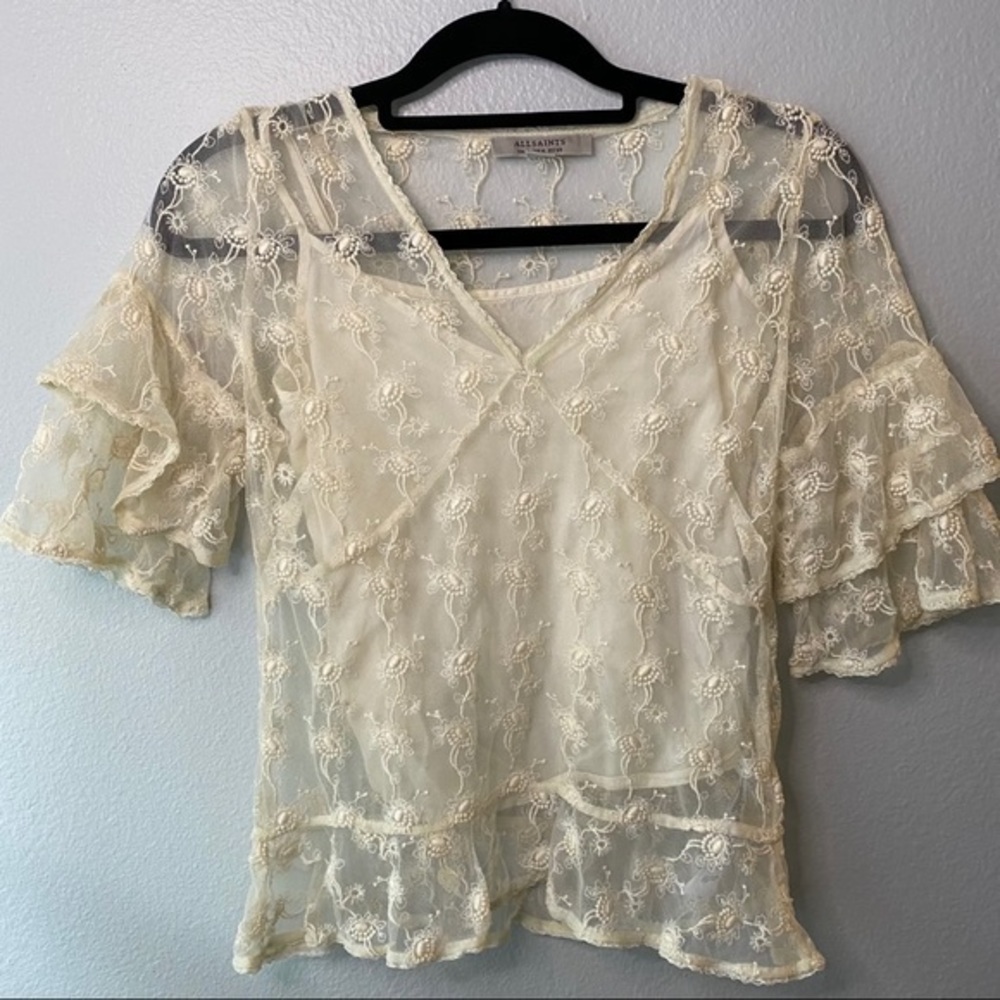 All Saints Sheer Lace Top Lula Nisha Top cream color size 4 - Picture 4 of 12